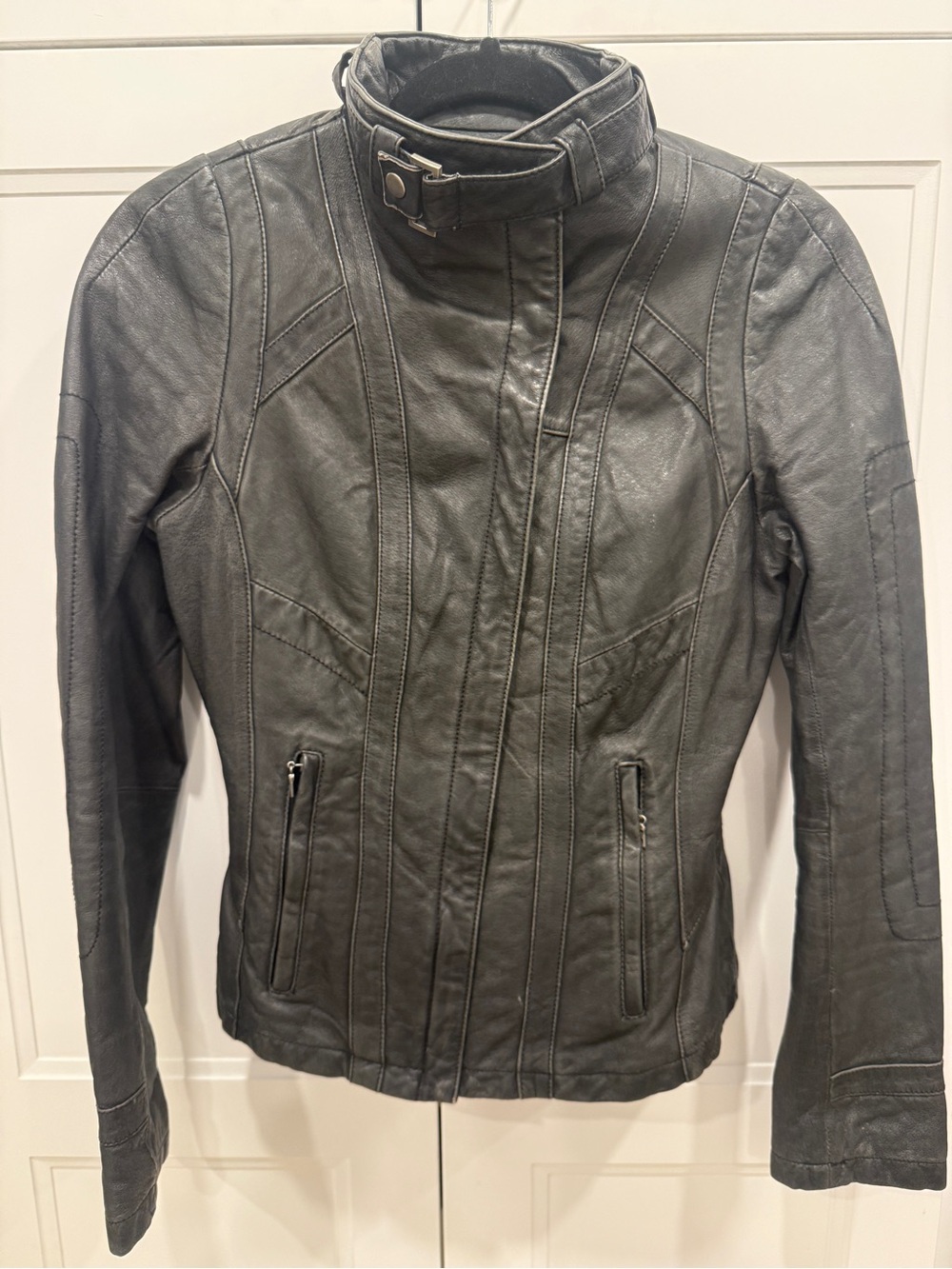 Danier Black Leather Moto Jacket with Buckle Collar